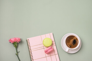 Delicious Colorful Macarons with Cup of Coffee Coffee Break Scene with Macaron Candy Flower and...