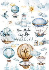 Watercolor air balloons and clouds in pastel colours on white background