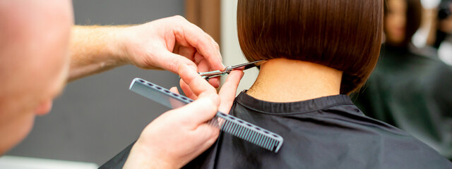 The hairdresser cuts the hair of a brunette woman. Hairstylist is cutting the hair of female client in a professional hair salon, close up