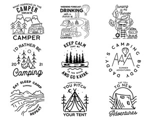 Vintage line art logo designs set. Camping adventure badges with outdoors scenes. Camp label, hiking insignias bundle. Silhouette linear concept. Stock collection