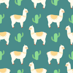 Seamless pattern with lamas and cacti, vector illustration © k_tatsiana