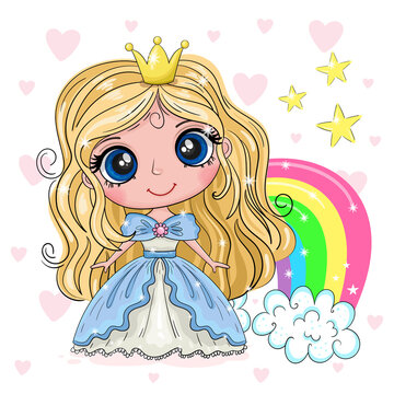 Cartoon Princess on a color background with rainbow.. Cute girl. Good for greeting cards, invitations, decoration, Print for Baby Shower etc. Hand drawn vector illustration with girl cute print