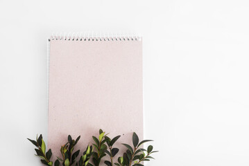 organic paper notebook with green twig on white background. zero waste concept. great bussines idea, recycle concept on the white isolate. eco-friendly