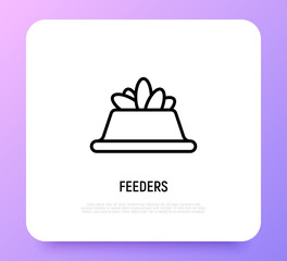 Dry pet food in bowl. Thin line icon. Symbol of feeder. Modern vector illustration.