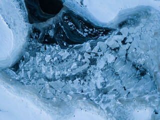 Aerial drone view on ice floes on ocean surface in Norways arctic sea