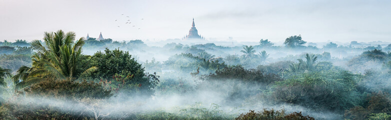 Early morning fog above the old temples in Bagan, Myanmar