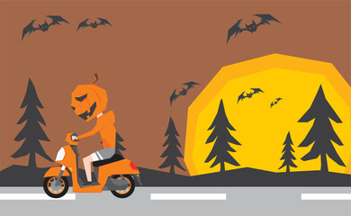 An illustration of man with Halloween pumpkin costume riding scooter in the night forest road