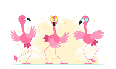 Funny dancing flamingos in sunglasses.