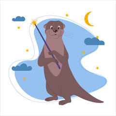 Cute otter holding magic wand on the night background isolated on white. Childish print for apparel, nursery, cards, posters. Vector illustration in flat style
