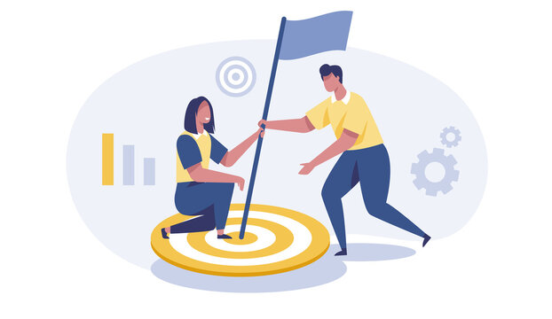 Increase motivation a way to achieve a goal a businessman in the center with a flag vector illustration