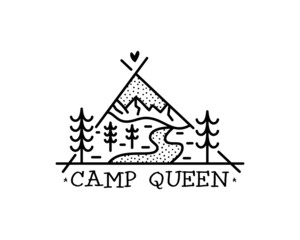 Obraz premium Camping adventure badge design. Outdoor crest logo with quote - Camp queen. Travel silhouette label isolated. Sacred geometry. Stock tattoo graphics emblem