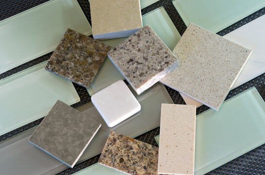 backsplash tiles and quartz countertop samples