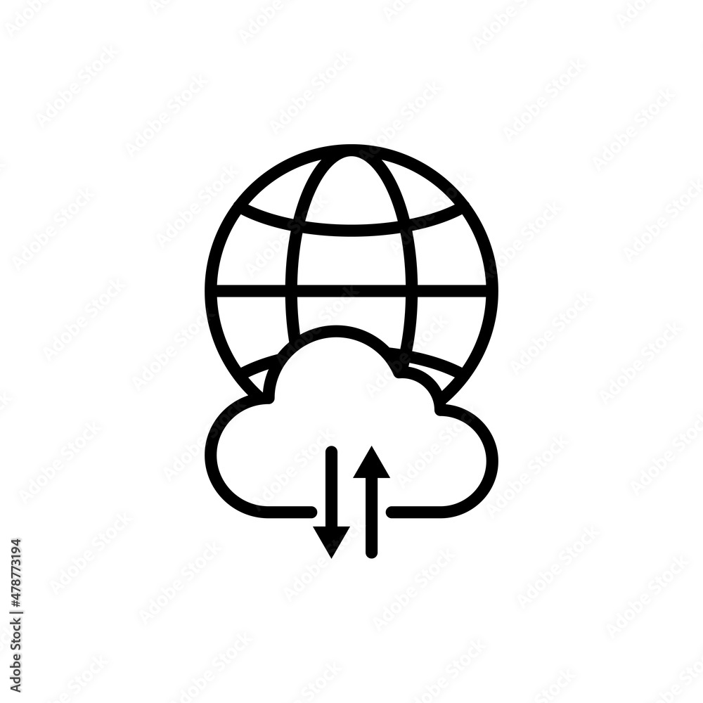 Wall mural internet connection thin line icon: globe with cloud and arrows. modern vector illustration.