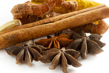 Healthy spices on a white background. Turmeric, ginger, garlic, star anise, cinnamon sticks..