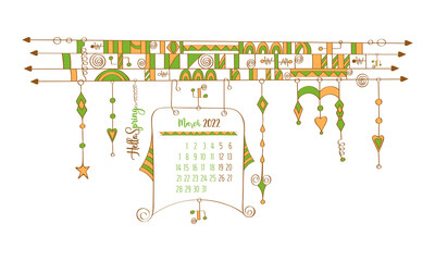March 2022 calendar zen dangles, zenspiration, hand drawing doodling. Isolated, white background. Vector illustration