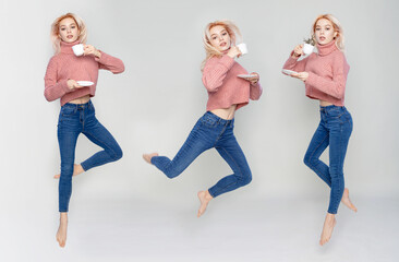 Full size collage snap of young woman happy smile jump up and holding a mug coffee isolated over gray background