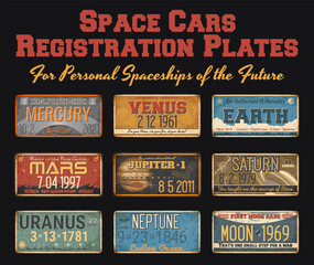 Space Cars Registration Plates for Personal Spaceships from the Future, Planets of Solar System, Rusty Frames