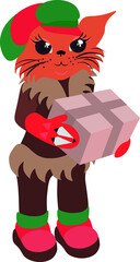 Animalistic cat in a sheepskin coat and beret delivers a parcel