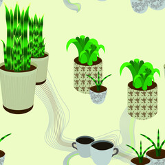 Seamless pattern with Sansevieria and coffee
