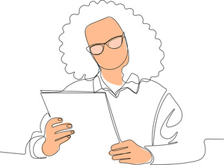  Vector illustration. Continuous line drawing of loan officer negotiating with bank client about credit application business entities parties or job interview concept hr manager interviewing woman. 