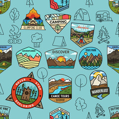Outdoor activity and adventure seamless pattern design. Hiking wallpaper