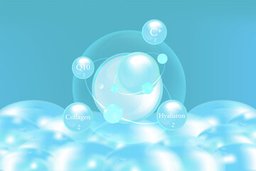 Hyaluronic acid skin solutions ad, blue collagen serum drops with cosmetic advertising background ready to use, illustration vector.