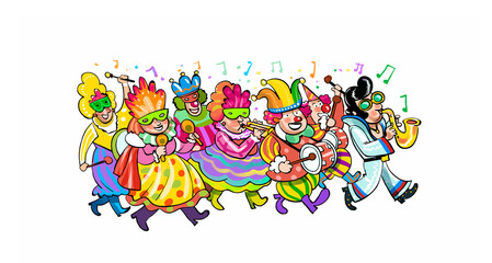 Obraz premium Illustration of people with carnival costumes. Cartoon people dancing in carnival