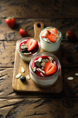 Traditional homemade panna cotta dessert with berries