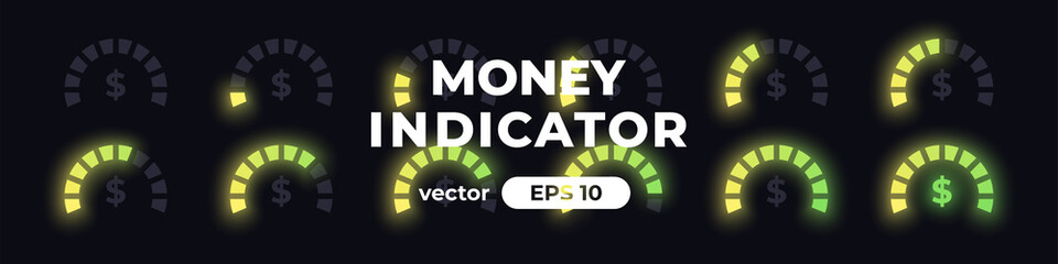 Success meter. Finance level indicator. Loading circle with percentage. Gauge concept with dollar icon. Animation. UI, User interface. Minimalistic template. Modern design. Vector illustration.