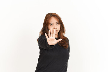 Rejection Gesture Of Beautiful Asian Woman Wearing Black Shirt Isolated On White Background