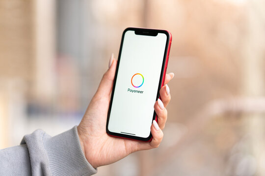 Payoneer on on Apple smartphone, on new Apple iPhone smartphone screen. Payoneer application open. Payoneer is a worldwide online payment system. Los Angeles, California, USA 
January 2022.