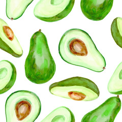 Avocado watercolor vector pattern. Seamless pattern of healthy food. Isolated elements on white background.