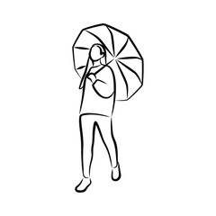 woman use umbrella line art silhouette