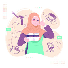 vintage hijab girl cafe barista vector illustration