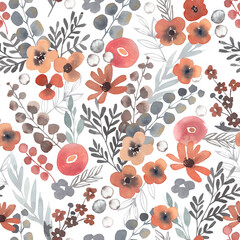 Watercolor floral background with hand drawn spring flowers, branches and leaves. Seamless pattern with delicate flowers. Texture for fabrics, wallpapers, decor, wedding printing.