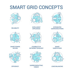 Smart grid turquoise concept icons set. Electric engineering. Intelligent power system idea thin line color illustrations. Isolated outline drawings. Roboto-Medium, Myriad Pro-Bold fonts used