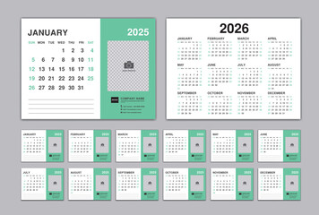 Calendar 2025 template, Desk Calendar planner 2025 and Set of 12 Months and calendar 2026 design, Wall calendar 2025 vector, Corporate design planner template, organization, printing, Green background