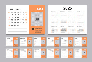 Calendar 2024 template, Desk Calendar planner 2024 and Set of 12 Months and calendar 2025 design, Wall calendar 2024 vector, Corporate design planner template, organization, printing,orange background