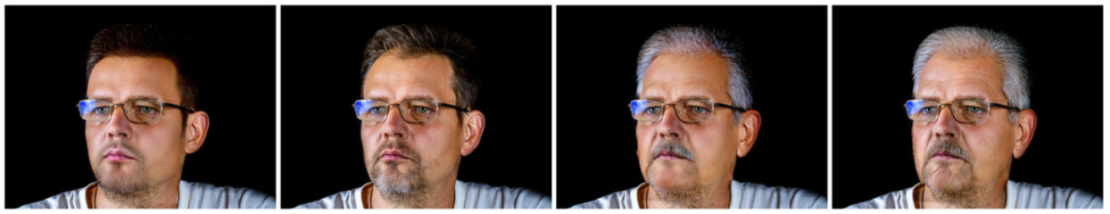 Set of a portrait of a man with glasses of different ages. Human aging process. Gray hair. Beard...