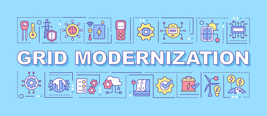 Fototapeta na wymiar Grid modernization word concepts blue banner. Power system. Infographics with linear icons on background. Isolated typography. Vector color illustration with text. Arial-Black font used
