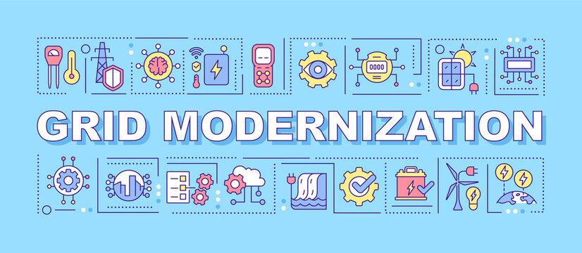 Grid Modernization Word Concepts Blue Banner. Power System. Infographics With Linear Icons On Background. Isolated Typography. Vector Color Illustration With Text. Arial-Black Font Used