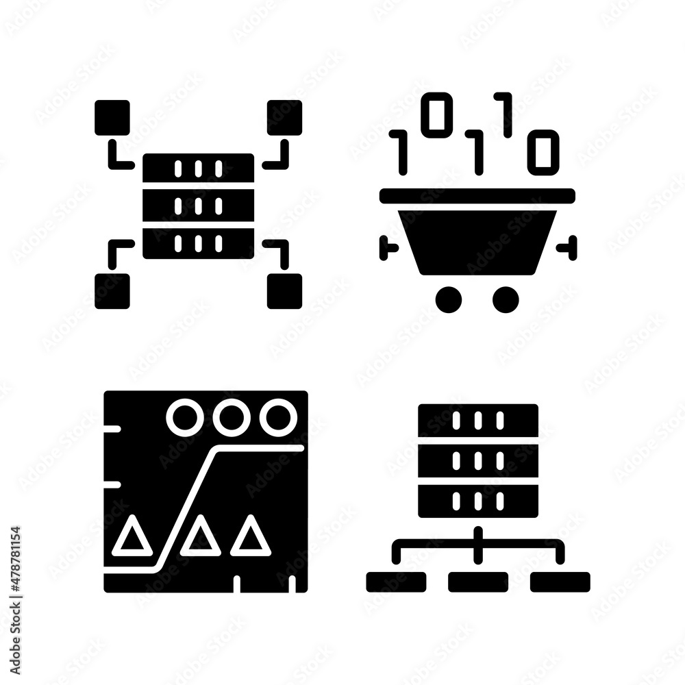 Poster dataset processing black glyph icons set on white space. data mining and storage. statistic informat