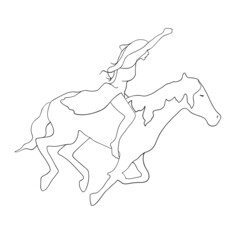 Cowboys girl line art on white background. Silhouette girl on horse. Western woman