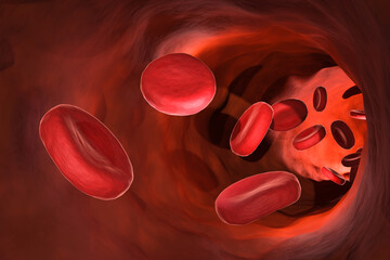 Blood vessel with flowing blood cells, 3D render.