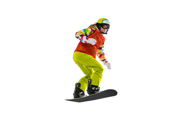 Fototapeta premium Portrait of young woman in bright sportswear, goggles and helmet snowboarding isolated on white studio background. Concept of winter sports