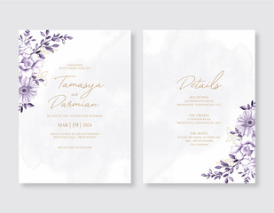 Elegant wedding invitation with purple floral watercolor