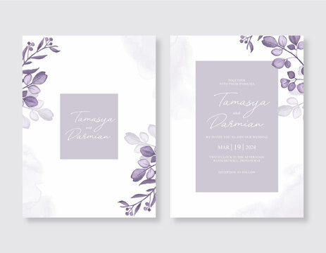 Minimalist wedding invitation template with purple watercolor leaves