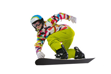 Close-up young woman in bright sportswear, goggles and helmet snowboarding isolated on white studio background. Concept of winter sports