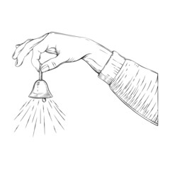 Sketch style vector illustration of a hand and a bell ringing. Hand drawn image.