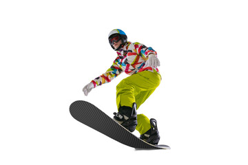 Fototapeta na wymiar Young sportive woman in bright sportswear, goggles and helmet snowboarding isolated on white studio background. Concept of winter sports